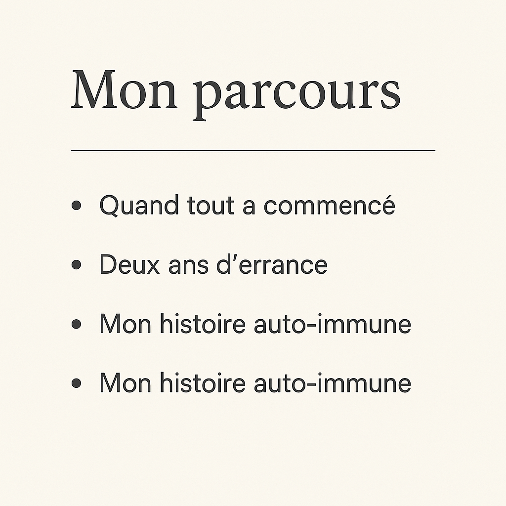 Illustration représentant les quatre étapes clés du parcours d’une femme atteinte d’une maladie auto-immune : premiers symptômes, errance médicale, diagnostic, et reconstruction.