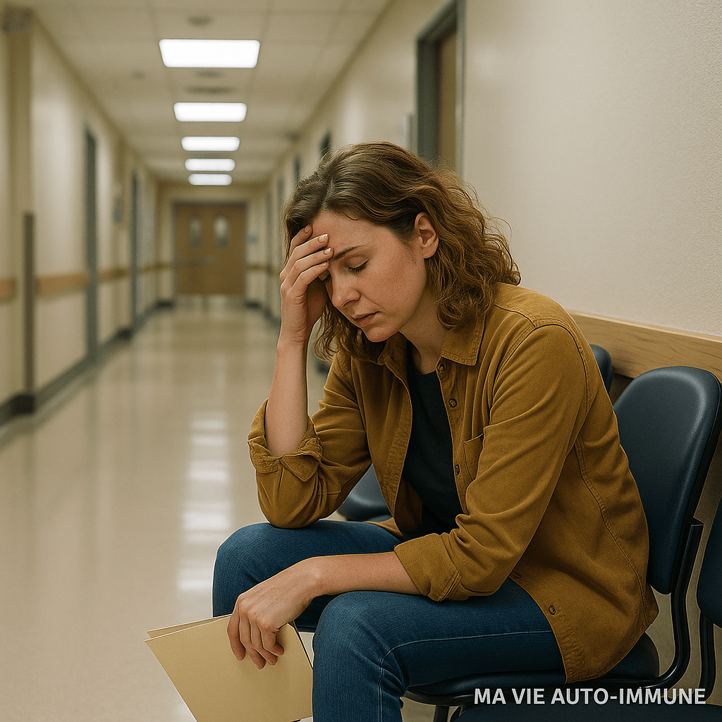 Femme fatiguée assise dans un couloir d’hôpital, tenant son dossier médical, symbolisant l’attente et l’épuisement liés aux rendez-vous médicaux des maladies auto-immunes.